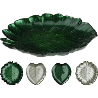 Dekoračný tanier sklo 19cm list green/silver