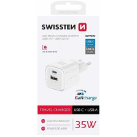 Sieťový adaptér GaN 1xUSB-C 35W PD + 1x USB-A 27W QC biely SWISSTEN