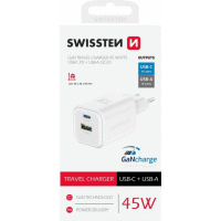 Sieťový adaptér GaN 1x USB-C 45W PD + 1xUSB-A 18W QC biely SWISSTEN