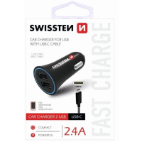 Autonabíjačka 2.4A POWER 2x USB + kábel USB-C SWISSTEN