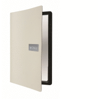 Detail - Jedálny lístok A4, koža, jemnejší povrch, kovový štítok, biely SECURIT Jedálny lístok A4, koža, jemnejší povrch, kovový štítok, biely SECURIT