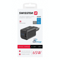 Sieťový adaptér GaN 2x USB-C 65W PD + 1xUSB-A 30W QC čierny SWISSTEN